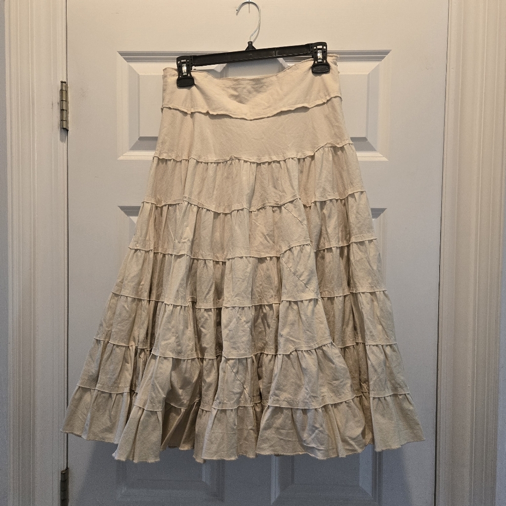 Vintage 90’s Tiered Maxi Skirt 8 Boho Cream Neutral A-line 100% Cotton Cottage